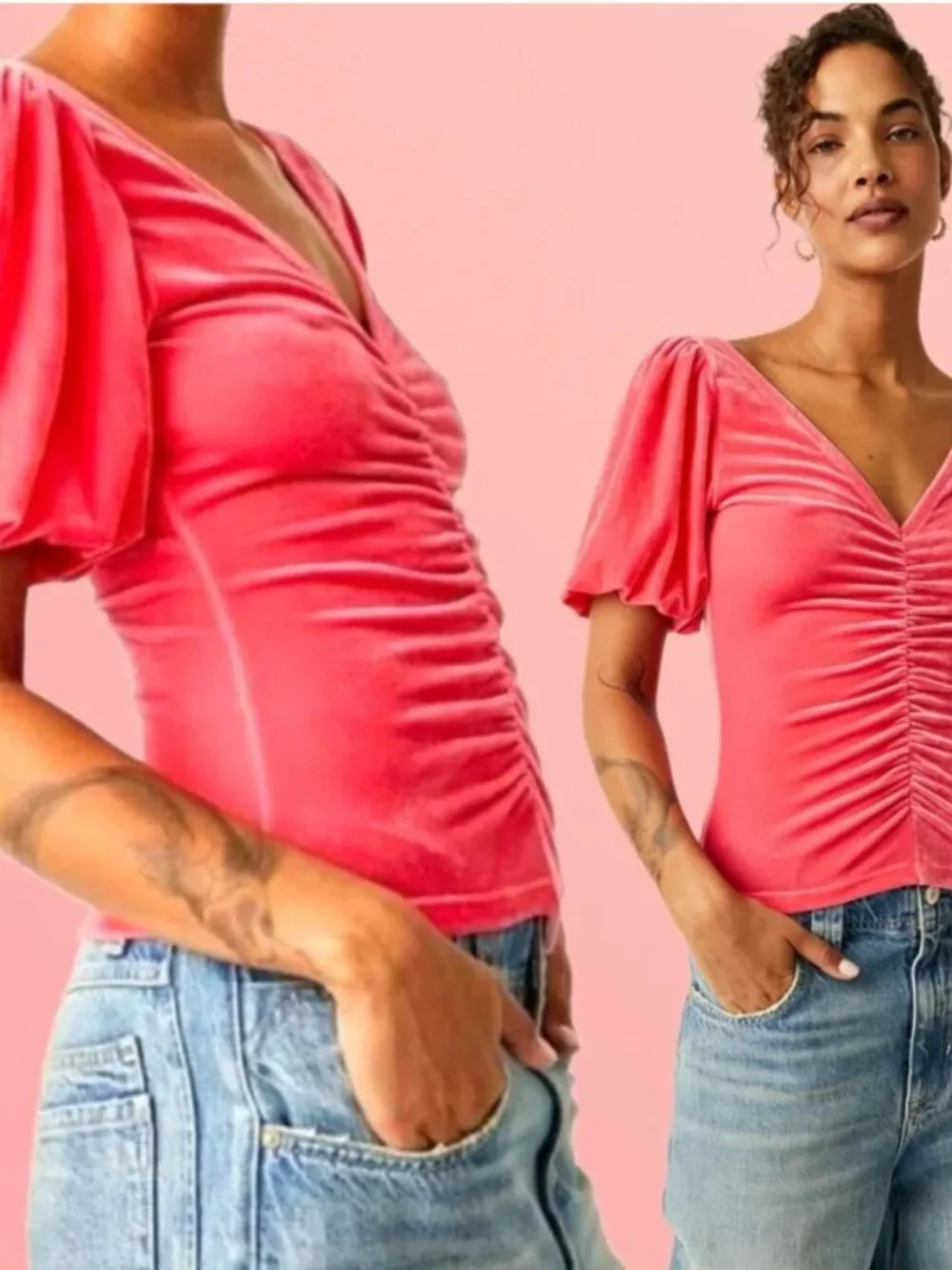 Free People Pink Velvet Cupcake Ruched V-Neck Top Romantic Boho Going Out Top